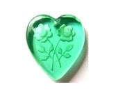 2 Vintage glass beads heart shape etched rose flowers, green shade, can be pendant ,19mmx18mm