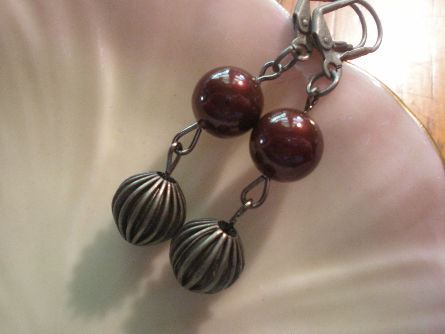 Antique Metal Burgundy Swarovski Pearl Dangle Earrings