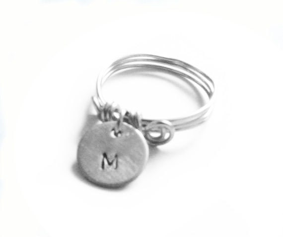 Sterling Silver Initial Ring Wire Wrapped Dangle Metal Custom Hand Stamped Engraved Ring Jewelry