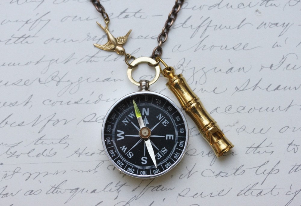 Working Compass Necklace - Lost at Sea -Captains Whistle -Working Compass and Whistle - Steampunk jewelry