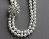 Pearl Necklace Wedding Necklace, Bridal Necklace, Pearl Rhinestone Necklace, Double Strand