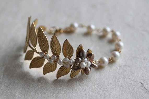 Gold Leaf Bracelet, Leaf Wedding Bracelet , Pearl Cuff bracelet, Pearl Bracelet, Leaf Branch Bracelet