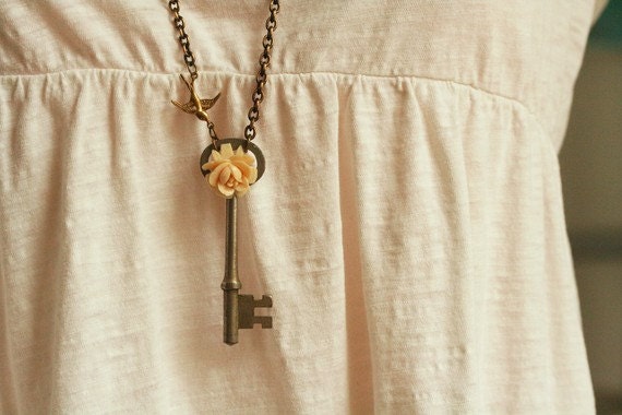 Skeleton Key Necklace, Flower Necklace