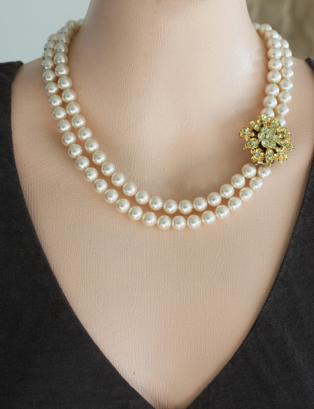 Gold Pearl Necklace,Gold Rhinestone Necklace, Double Strand Pearl Necklace Wedding Jewelry, Pearl Necklace, Bridal Jewelry