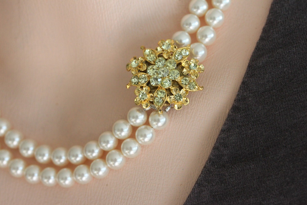 Gold Pearl Necklace,Gold Rhinestone Necklace, Double Strand Pearl Necklace Wedding Jewelry, Pearl Necklace, Bridal Jewelry