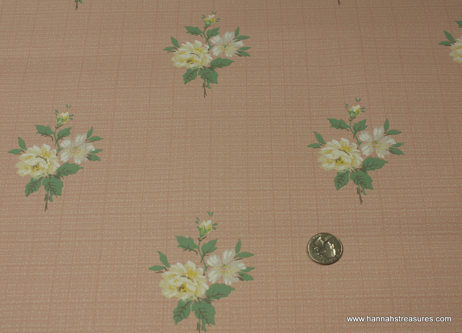 1930's Vintage Wallpaper Pale Pink background with white and yellow roses