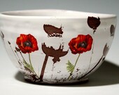 Soup bowl with red and iron poppies and white glaze