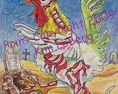 Halloween Zombie Chicken ACEO PRINT by Nebraska Artist Kim Loberg