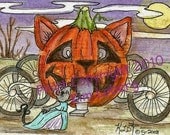 Cinderella Mouse Cat O Lantern Pumpkin Coach ACEO PRINT by Nebraska Artist Kim Loberg