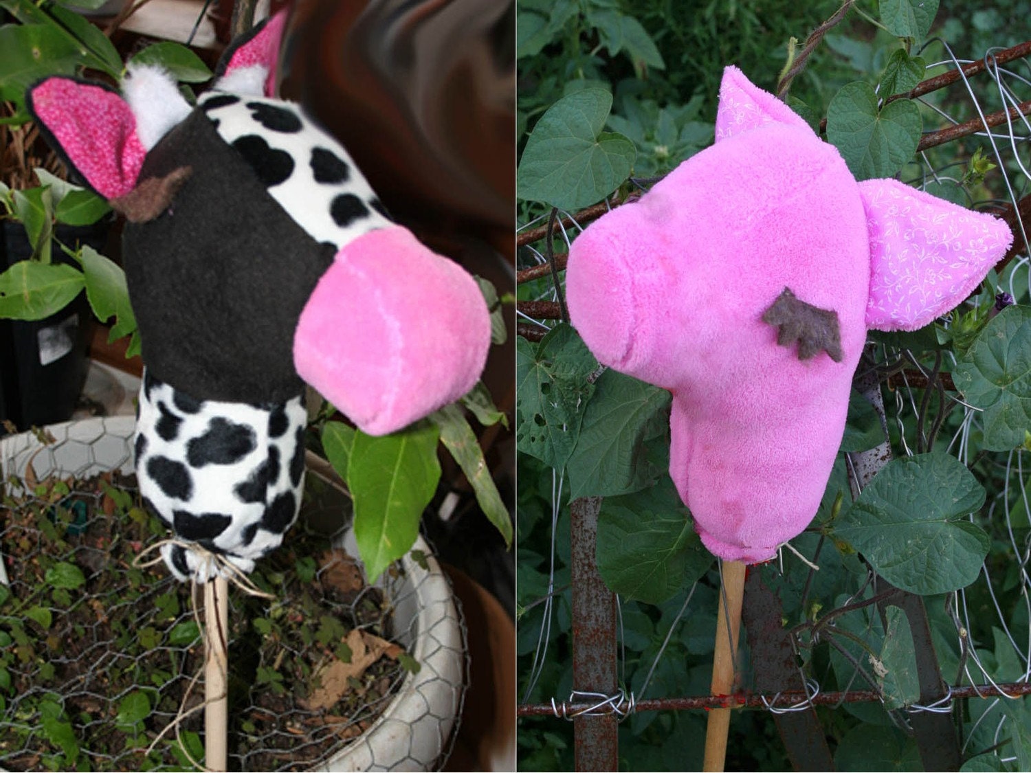 Mini Stick Cow and Pig Collectable Doll Size Plush Animal Set by Nebraska Designer Kim Loberg