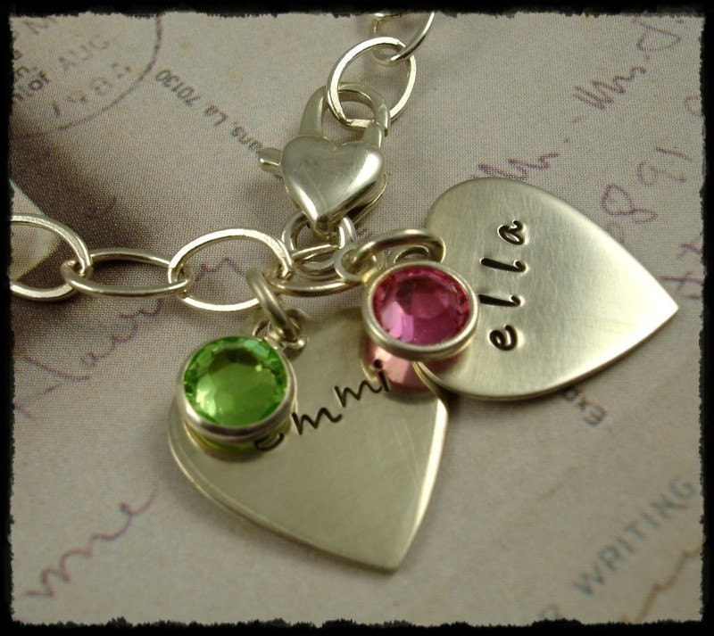 Hand Stamped Sterling Silver One Heart Charm Bracelet for Mom, Grandma, Children with Birthstones Personalized