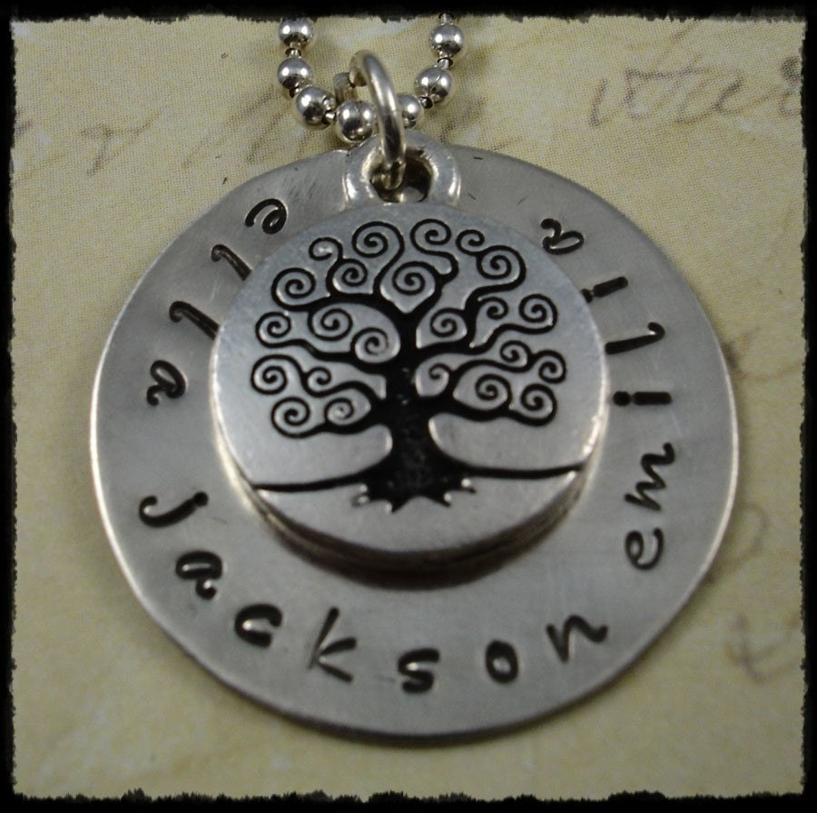 Family Tree Hand Stamped Necklace, Sterling Silver Personalized Handstamped Jewelry for Children, Moms, Grandmas