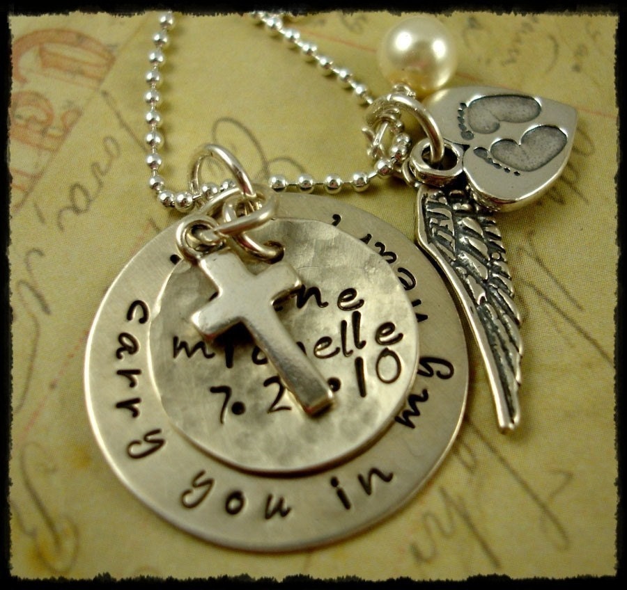 Hand Stamped Necklace - Custom Memorial Remembrance Jewelry Baby or Loved One, I Carry You In My Heart Sterling Silver Sympathy Keepsake