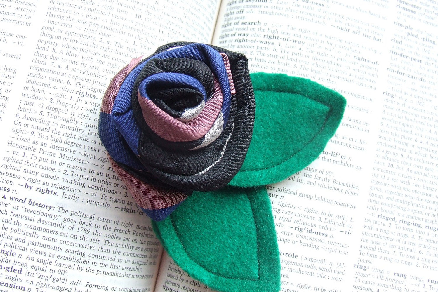 Rosette Flower Necktie Brooch Pin in black rose pink and bright blue