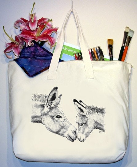 BURRO MOM And BABY Donkey Mule 20 Inch Zippered Cotton Canvas Art TOTE Bag