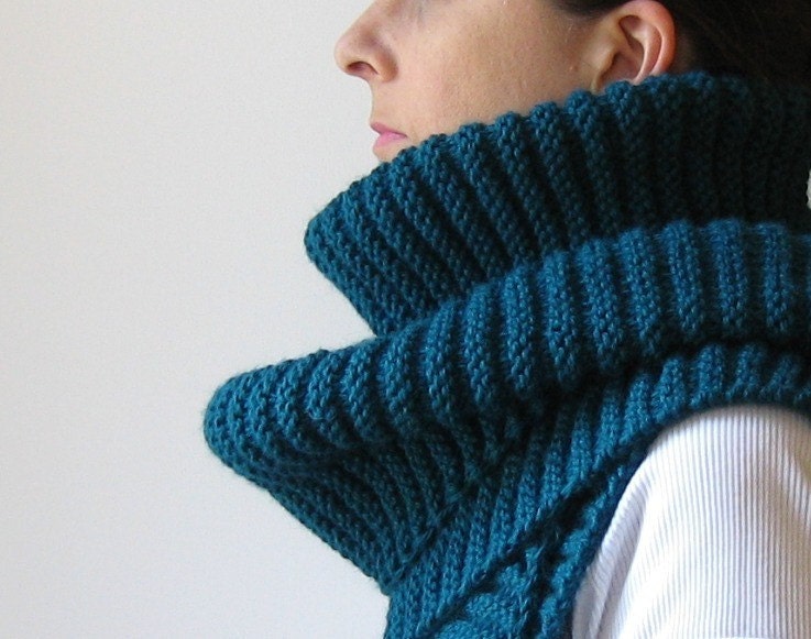 Scarf Knitted in Teal Blue Merino Blend Wool