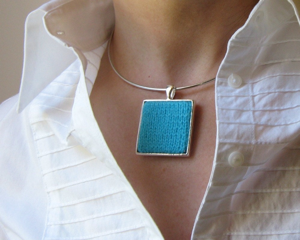 Square Necklace Knitted in Sky Blue Acrylic