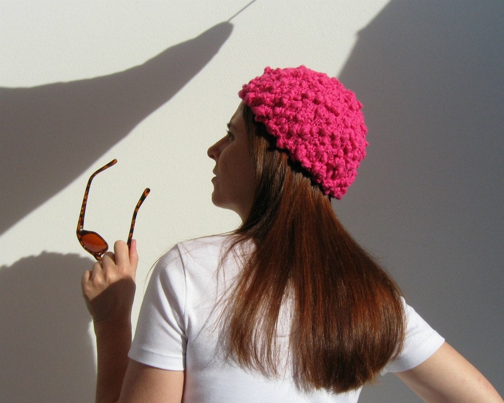 Tuque Hat Knitted in Magenta Cotton