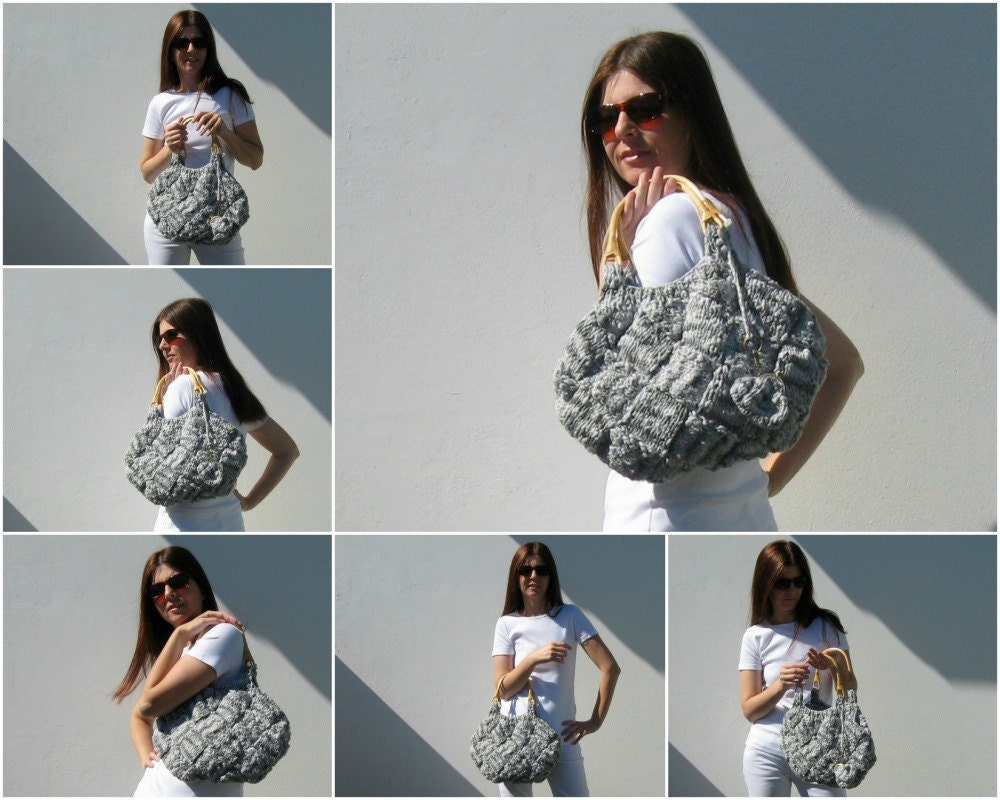 Handbag Knitted in Variegated Gray Cotton with Rattan Handles