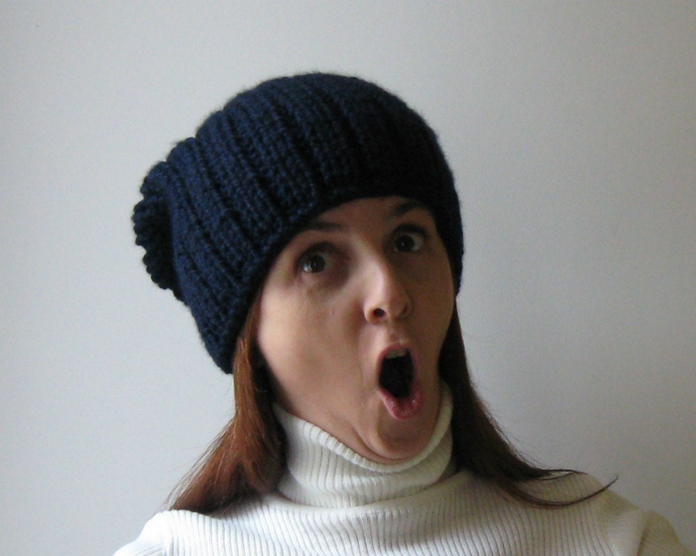 Beanie Hat Knitted in Navy Blue Wool