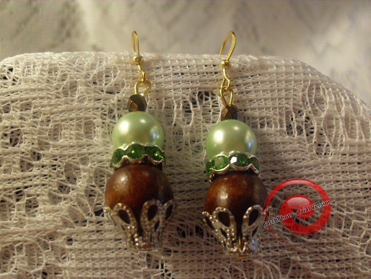 Silky Dark Brown Wood . Green Glass Pearls. Green Rhinestone. Gold Bead Cap . Beaded Earrings . Hook