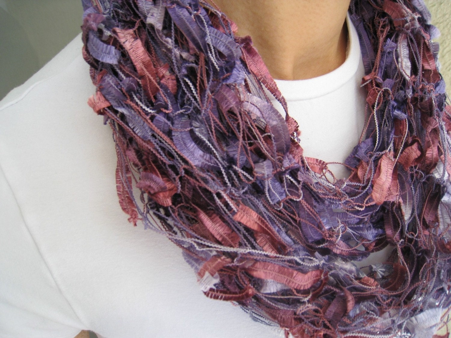 Handknit Scarf Beautiful Tones of Lilac, Royal Purple, Rose Pink and Fucshia