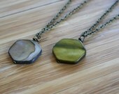 Danielle - Green or Gray Mother of Pearl Hexagon and Brass Necklace