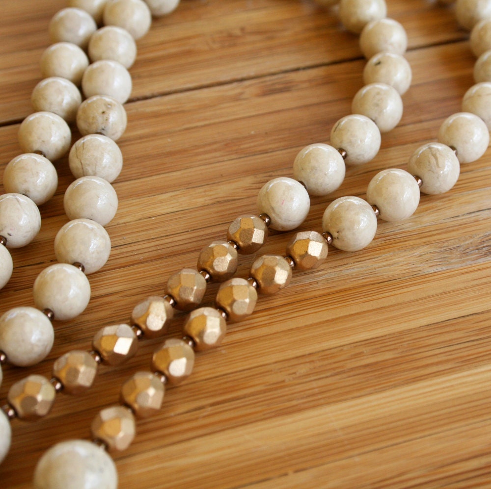 Ambra Necklace - Ivory Riverstone, Gold Glass - Long, Graduated Necklace