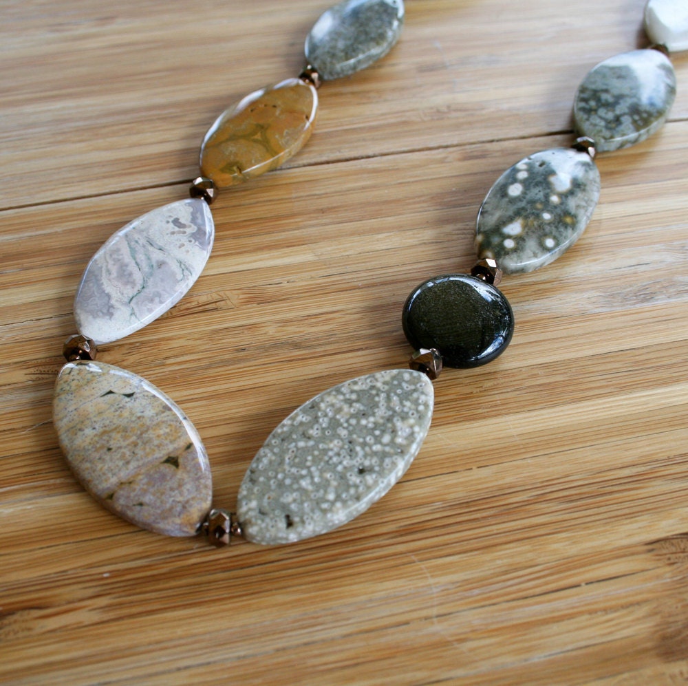 Silvana Necklace - Ocean Jasper, Golden Sheen Obsidian, Bronze Glass - Short, Textural Gold and Green Necklace