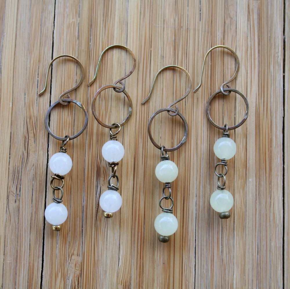 Trace Earrings - Snow Quartz or Sea Green Jade, Hammered Antique Brass Circles