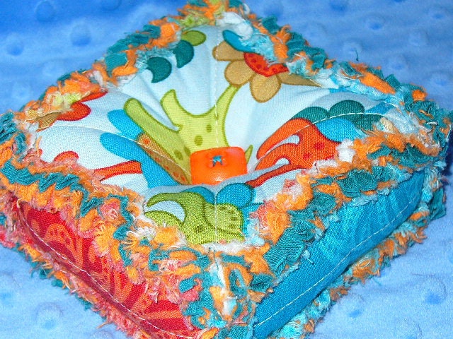 Rag Quilt Pincushion Blue Orange Flowers