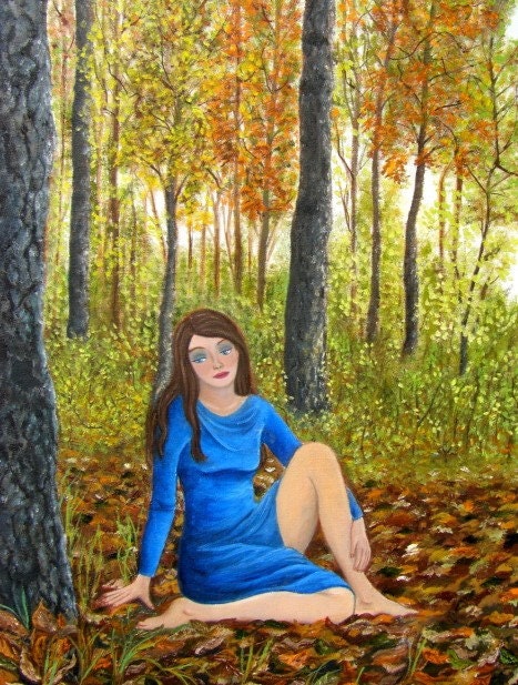 forest art print girl woods
