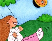 ACEO Original Illustration - Folk Art - Cute Whimsical - 2.5"X3.5" - Flying High