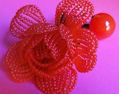 Vintage Red Flower Ponytail Holder, Hair Tie-back, For the Fun, Kitshy Glamour Girl, Holiday Hair Accessory