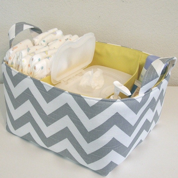 Diaper Caddy Chevron Gray White Slub Zig Zag Yellow Accent Fabric Organizer Bin Basket  Dividers