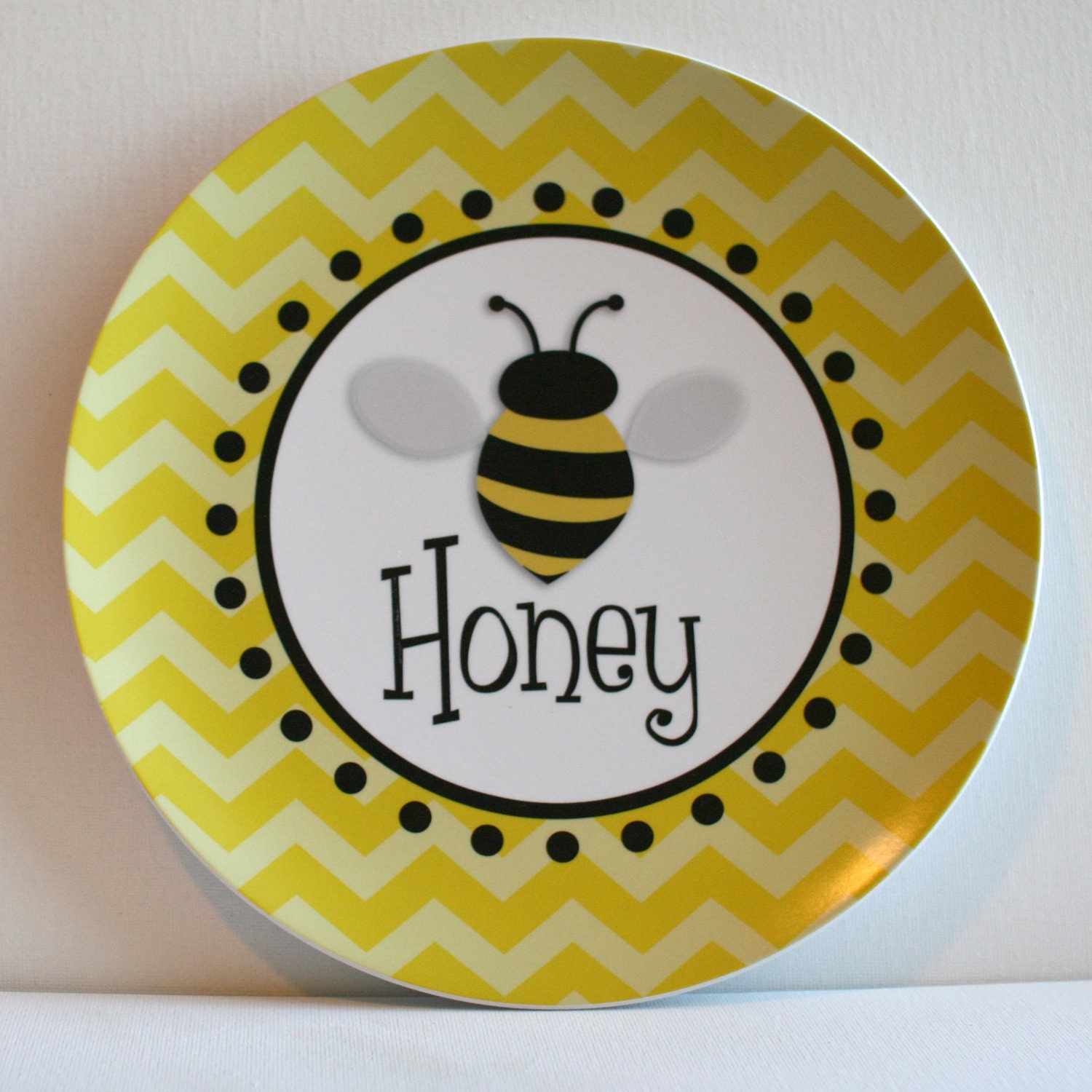 Personalized Melamine Plate - bee on yellow chevron Il_170x135