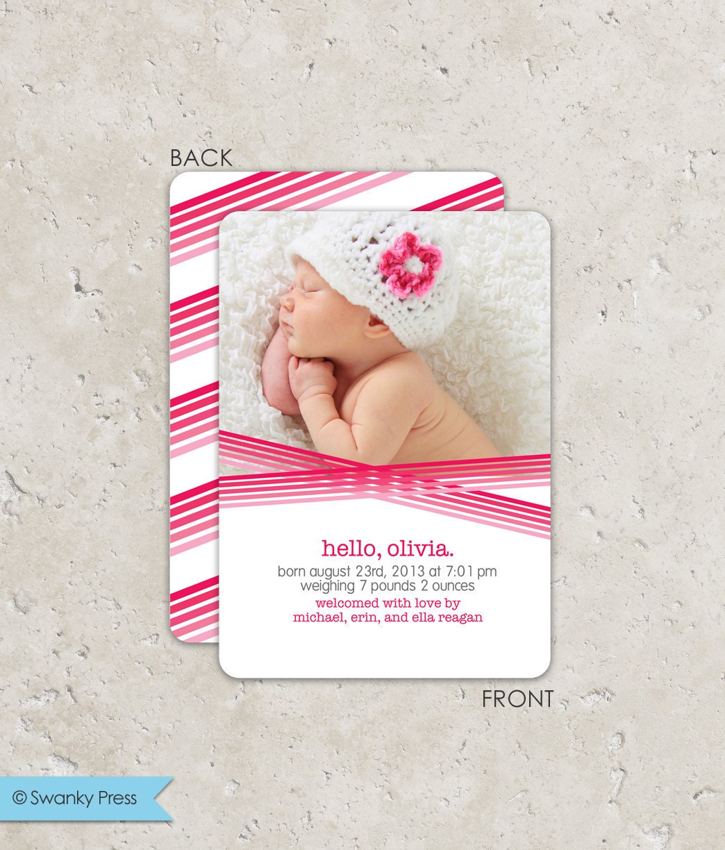 Birth Announcement, photo birth announcement, modern birth announcement, baby girl announcement "pink double rainbow" Il_170x135