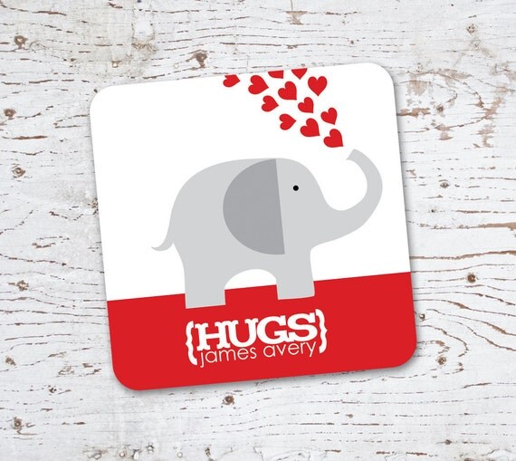 Valentine Gift Tag Stickers . Elephant with Red Hearts . for Favors, Treat Bags and Envelope Seals Il_570xn