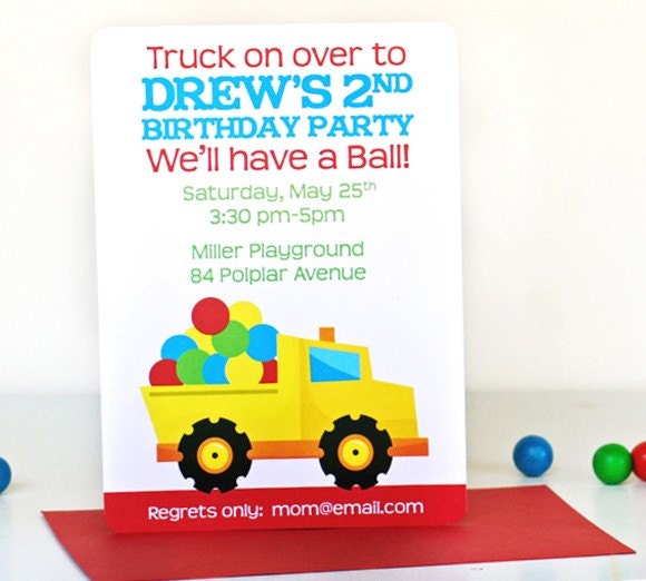 Dump Truck with Balls Birthday Invitations - Personalized