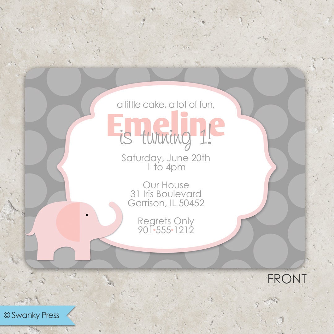 RESERVED: Pink and Gray Elephant Invitations - birthday or baby shower