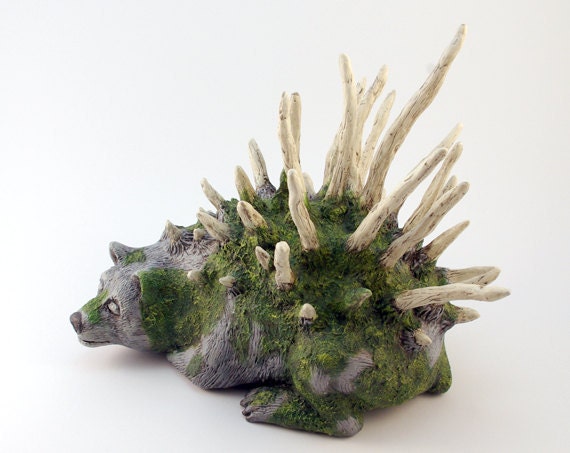 Bear Art Fantasy Sculpture, Polymer Clay Forest Creature, Old Bear Spirit Moss and Bone