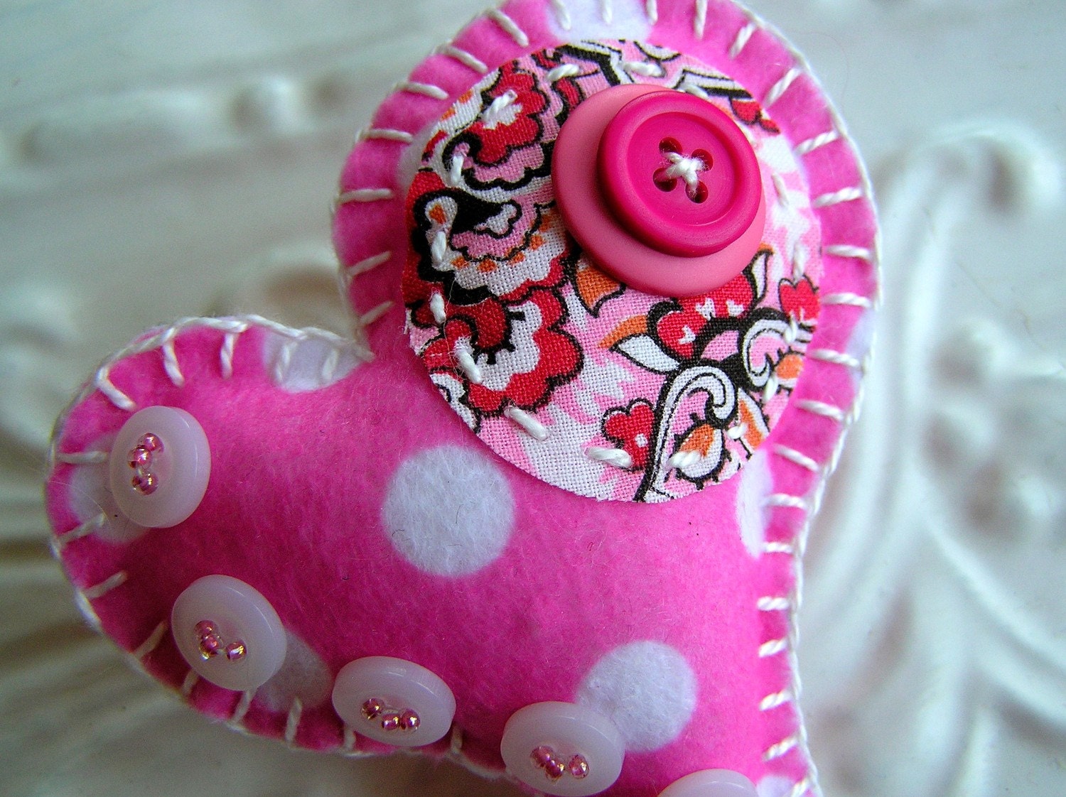 Embroidered Pin - Felt and Vintage Fabric Heart Brooch - Dorothea