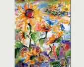 Sunflowers,Butterflies, Bees  Watercolor Ink Pastel Large 18 by 24 inch Original Painting by Ginette