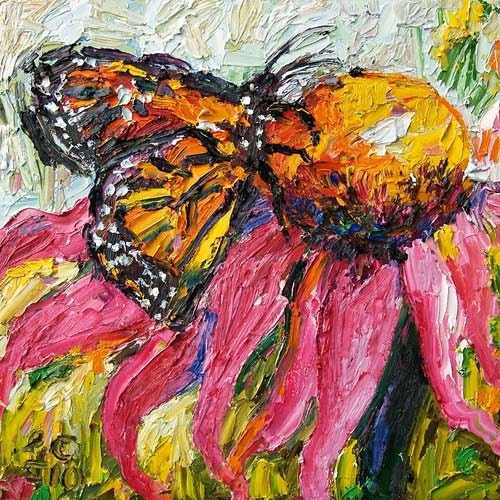 Framed Monarch Butterfly on Purple Coneflower Oil Painting by Ginette Callaway