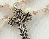 Handmade Pink Chalcedony, Carved Bone and Sterling Rosary