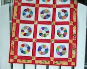 Dresden plate doll quilt wall hanging with crocheted flowers