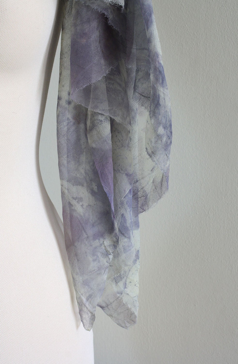 Pure Silk Chiffon Scarf, blue with purple hint, simple minimal abstract pattern, naturally dyed woman scarf