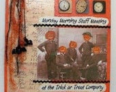 Carved Pumpkin JOL pumpkin head Vintage photo Monday meeting Halloween mixed media 8 x 8