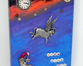 Hey Diddle Diddle Jumping cow art Original mixed media When cows fly Moon 5 by 7 inches