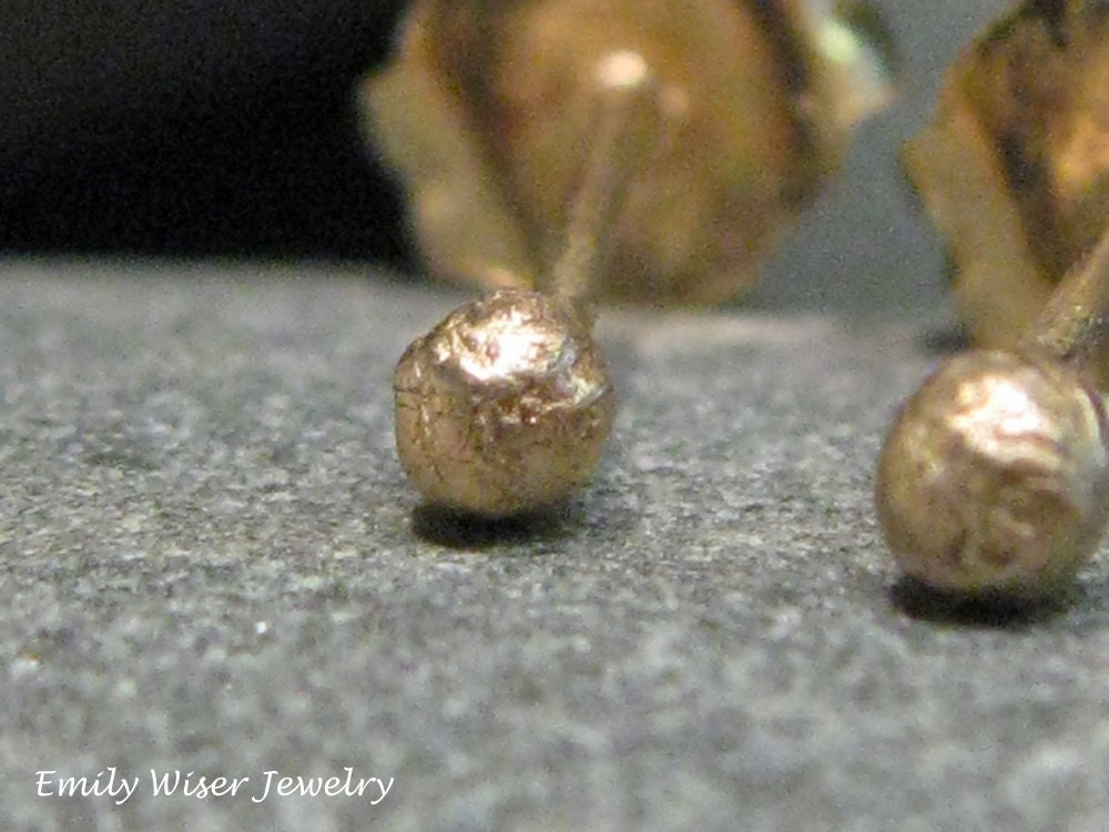 Gold Post Studs. 14K Gold Ball Studs. Solid Yellow Recycled Gold Sleeper Pebble Studs. Tiny. Matte Finish. Ready to Ship